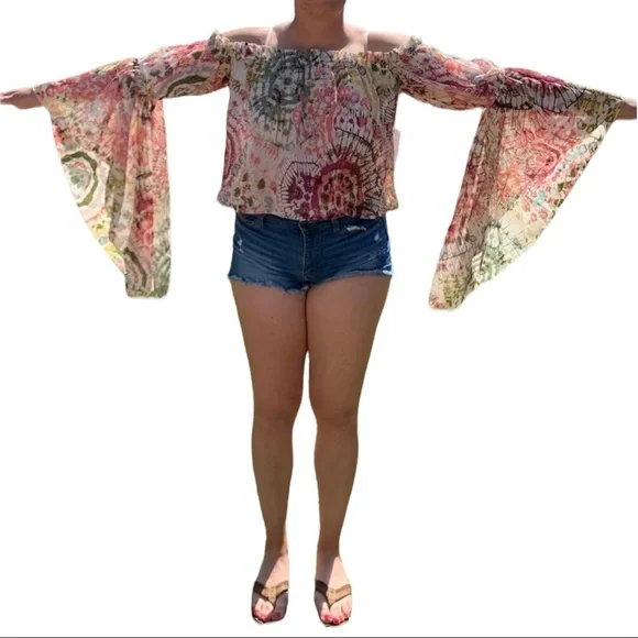 NWT Live 4 Truth Floral Boho Hippie Bell Sleeves Cropped Off Shoulder Flowy XS - Picture 15 of 15